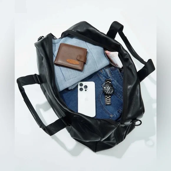 NWT David Jones Black Leather Travel Duffle Bag Gym Weekender 20x11x9 in - Picture 6 of 11